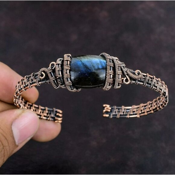 Handcrafted ✦ Copper Labradorite Bangle ✦ Wire‑Wrapped Adjustable Bracelet NWT - Picture 3 of 12